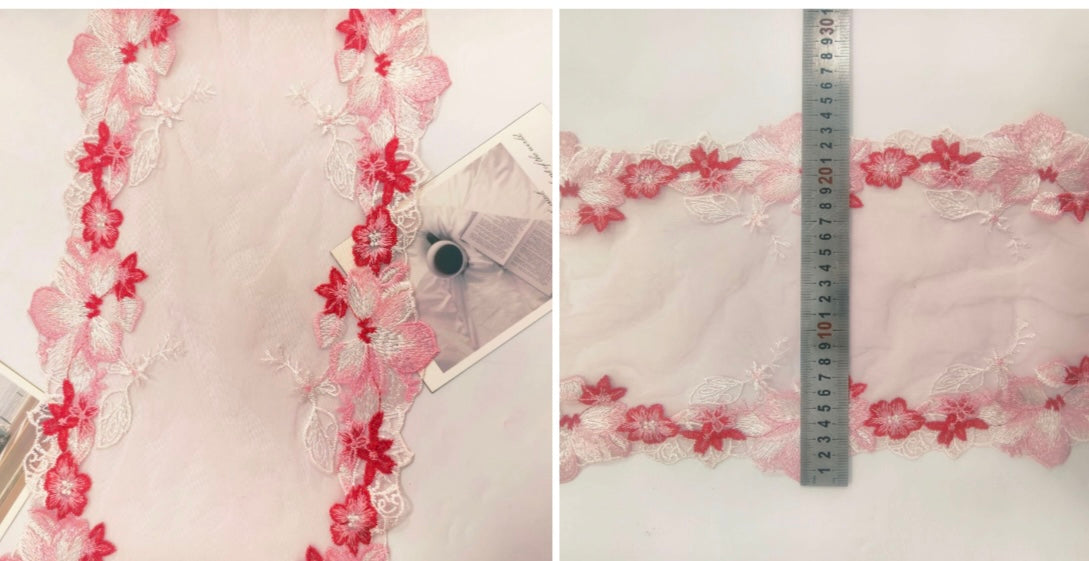 Encaje bordado floral doble color rosa de 24cm de ancho para lencería romántica
