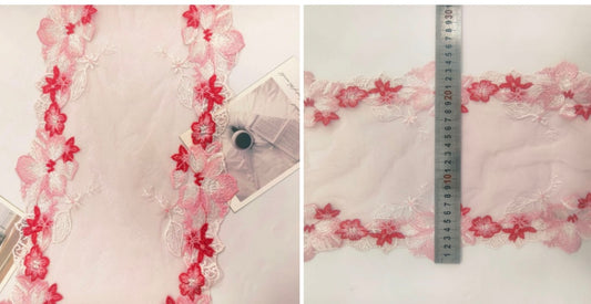 Encaje bordado floral doble color rosa de 24cm de ancho para lencería romántica
