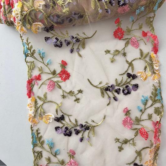 Encaje floral multicolor en malla de 24cm de ancho para lencería
