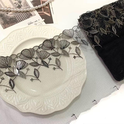 Encaje bordado negro estilo francés con diseño de hojas y flores, 18 cm de ancho