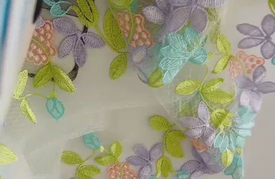 Detalle de encaje exquisito multicolor tonos pastel con doble borde decorativo
