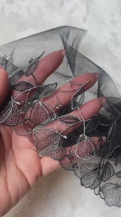 Encaje bordado negro estilo francés con diseño de hojas y flores, 18 cm de ancho